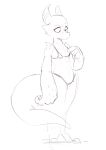  2022 anthro bikini bikini_pull black_and_white clothed clothing clothing_pull female flat_chested front_view full-length_portrait horn kobold looking_down monochrome portrait scalie shoutingisfun sketch solo standing swimwear swimwear_pull 