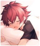  1boy absurdres bed black_shirt blanket blush border child closed_eyes facing_viewer fang highres male_child male_focus memo_haco open_mouth original pillow red_hair shirt short_hair short_sleeves skin_fang sleeping snoring solo white_border 