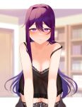  @_@ arm_support blurry blurry_background blush bookshelf doki_doki_literature_club hair_intakes hair_ornament hairclip highres leaning_forward lingerie long_hair looking_at_viewer purple_eyes purple_hair saihara_homare sweat thighhighs twitter_username underwear yuri_(doki_doki_literature_club) 