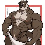  2022 abs absurd_res anthro armpit_hair artist_name barazoku biceps big_muscles body_hair border covering covering_crotch covering_self darknaigart eyebrows fur hi_res huge_muscles looking_at_viewer lutrine male mammal muscular muscular_anthro muscular_male mustelid navel nipples obliques pecs pubes red_border simple_background smile solo standing teeth towel tuft whiskers white_background 