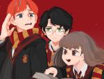  arm_at_side asymmetrical_bangs bangs black_hair black_robe book brown_eyes brown_hair buck_teeth closed_mouth freckles furrowed_brow glasses green_eyes grey_eyes grey_sweater_vest hand_up harry_potter harry_potter_(series) hermione_granger hogwarts_school_uniform kuroi_moyamoya light_frown long_hair long_sleeves looking_at_another looking_at_object necktie open_mouth orange_hair parted_bangs raised_eyebrow red_background red_necktie red_scarf robe ron_weasley round_eyewear scar scar_on_face scar_on_forehead scarf school_uniform shirt short_hair simple_background straight_hair sweater_vest swept_bangs teeth thick_eyebrows two-tone_necktie two-tone_scarf upper_body upper_teeth wavy_hair wavy_mouth white_shirt yellow_necktie yellow_scarf 