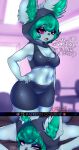  absurd_res anthro areola bottomwear breasts clothed clothing dialogue english_text female gym gym_bottomwear gym_clothing gym_shorts hi_res human league_of_legends mammal nude open_mouth patreon riot_games romancruzzz semi-anthro shorts small_breasts solo text vex_(lol) video_games yordle 