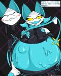  2021 android anthro belly big_belly big_breasts black_body blue_ears blue_hair blush breasts darkner deltarune digital_media_(artwork) disembodied_hand domestic_cat eyelashes felid feline felis female fingers goo_creature hair half-closed_eyes hi_res holding_object holding_weapon hyper hyper_belly looking_at_viewer machine mammal narrowed_eyes novaspark open_mouth open_smile oral_vore patreon robot smile solo tasque_manager thick_thighs undertale_(series) video_games vore weapon white_body white_eyes yellow_sclera 
