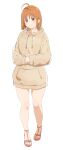  1girl ahoge alternate_costume bare_legs blush brown_hoodie closed_mouth highres hood hoodie looking_at_viewer love_live! love_live!_sunshine!! no_pants orange_hair red_eyes sandals sato_uma short_hair simple_background sleeves_past_wrists smile solo tachi-e takami_chika thigh_gap white_background 