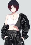  1girl bangs black_hair black_jacket black_pants breasts cleavage earrings gradient_hair grey_background hands_in_pockets highres jacket jersey jewelry kisaragi_ren_(vtuber) large_breasts looking_at_viewer midriff multicolored_hair necklace pants purelove_acc red_eyes red_hair short_hair smile solo sports_bra stomach track_jacket track_suit virtual_youtuber vspo! 