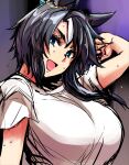  animal_ears arms_up black_hair blue_eyes breasts fuji_kiseki_(umamusume) highres horse_ears large_breasts looking_at_viewer medium_hair open_mouth skgm sweat sweatdrop umamusume 