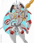  1girl armor breasts colored_skin curvy darling_in_the_franxx highres horns humanoid_robot looking_at_viewer mcq07gn mecha_musume medium_breasts no_nipples polearm red_eyes robot shoulder_armor single_horn solo spear strelizia thighs weapon 