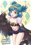  1girl bangs bird_legs black_feathers black_wings blush breasts claws commentary_request commission feathers green_hair harpy highres hizaki_tomoko indie_virtual_youtuber lincoro midriff monster_girl navel open_mouth pointy_ears red_eyes short_hair short_twintails skeb_commission solo stomach_tattoo talons tattoo thank_you tiara twintails virtual_youtuber wings 
