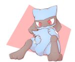  3_fingers 3_toes ambiguous_gender black_body black_eyes blue_body blue_fur chaba feet feral fingers fur generation_4_pokemon holding_own_tail looking_down nintendo pink_background pokemon pokemon_(species) red_eyes riolu simple_background sitting solo toes video_games white_background 