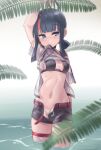  1girl arm_up belt bikini bikini_top_only black_hair blue_eyes blush clothes_in_mouth fate/grand_order fate_(series) galbany_(tsgororin) highres magatama mouth_hold navel open_clothes open_shorts see-through see-through_shirt shirt_in_mouth shorts swimsuit thigh_strap utsumi_erice utsumi_erice_(swimsuit_avenger)_(fate) utsumi_erice_(swimsuit_avenger)_(first_ascension) wading water 