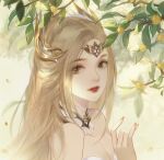  1girl bare_shoulders blonde_hair braid branch detached_collar douluo_dalu from_side hair_ornament hand_up highres leaf long_hair looking_back qian_renxue_(douluo_dalu) qian_renxue_zhuye solo teeth upper_body 