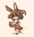  1girl :3 alternate_hair_length alternate_hairstyle animal_ears artist_name basket black_footwear black_hair blue_eyes bow chibi closed_mouth hat hat_bow hat_ribbon highres holding holding_basket looking_at_viewer multicolored_hair original picnic_basket rabbit_ears rabbit_girl rabbit_tail red_bow red_ribbon ribbon sharktuna shoes short_hair smile sneakers socks solo sun_hat tail white_hair white_socks 