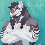  1:1 anthro artist_name beard black_beard black_hair canid crossed_arms facial_hair front_view fur glistening glistening_eyes green_eyes grey_body grey_ears grey_fur grey_hair grey_inner_ear_fluff hair hi_res inner_ear_fluff lips male mammal multicolored_hair muscular muscular_anthro muscular_male narrowed_eyes nipples rayliicious red_lips red_nipples red_nose short_hair simple_background solo striped_arms tuft two_tone_hair white_body white_ears white_fur 
