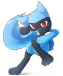  3_fingers 3_toes action_pose ambiguous_gender blue_body blue_fur chaba feet feral fingers fur generation_4_pokemon hi_res looking_at_viewer mouth_obstructed nintendo pokemon pokemon_(species) pose red_eyes riolu simple_background solo stepping_back toes video_games white_background 