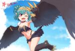  1girl bangs bird_legs black_feathers black_wings breasts claws cloud commentary_request commission dated fang feathers flying green_hair harpy indie_virtual_youtuber kagelantern lincoro monster_girl navel one_eye_closed open_mouth pointy_ears red_eyes short_hair short_twintails skeb_commission small_breasts solo stomach_tattoo talons tattoo tiara twintails virtual_youtuber winged_arms wings 