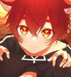  1boy :3 animal_ears bandaid bandaid_on_hand black_shirt blush child closed_mouth food food_on_face highres looking_at_viewer looking_up male_child male_focus original pov red_hair shirt short_hair short_sleeves solo tatsu_wan thick_eyebrows wolf_boy wolf_ears 