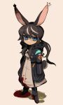  1girl absurdres animal_ears black_hair blood blood_on_clothes blue_eyes closed_mouth expressionless full_body highres looking_at_viewer multicolored_hair original ponytail rabbit_ears rabbit_girl rabbit_tail sharktuna solo tail white_hair 