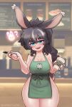  1girl animal_ears apron areola_slip black_hair blush breasts cleavage collarbone cup fangs green_apron highres holding holding_cup holding_marker large_breasts long_hair looking_at_viewer marker multicolored_hair open_mouth original ponytail rabbit_ears rabbit_girl rabbit_tail sharktuna smile solo starbucks tail teeth thick_eyebrows white_hair wide_hips 
