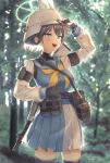  1girl absurdres aqua_eyes assault_rifle bag black_gloves blue_archive breasts forest gloves gun halo helmet highres large_breasts nature pisik pleated_skirt purple_hair rifle sailor_collar saki_(blue_archive) satchel skirt sweat weapon weapon_on_back 