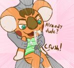  2022 animal_crossing anthro balls biped blue_eyes bodily_fluids brown_hair canberra_(animal_crossing) clothed clothing cum cum_on_clothing digital_media_(artwork) duo ejaculating_cum ejaculation english_text erection female female_on_human fur genital_fluids genitals green_clothing green_shirt green_topwear hair half-closed_eyes hand_on_knee hand_on_leg holding_arm human human_on_anthro interspecies koala large_nose looking_at_genitalia looking_at_penis looking_down male male/female male_on_anthro mammal marsupial narrowed_eyes nintendo open_mouth orange_body orange_fur pattern_clothing pattern_shirt pattern_topwear penis pink_background sex shirt simple_background sitting size_difference squeezing text tongue topwear vein veiny_penis video_games vombatiform weirdkoaladream white_body white_fur 