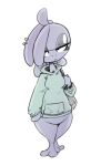  2020 anthro bottomless bottomless_anthro bottomless_female breasts clothed clothing drizzile featureless_crotch female front_view frown full-length_portrait generation_8_pokemon half-closed_eyes hoodie looking_at_viewer narrowed_eyes nintendo piercing pokemon pokemon_(species) portrait scalie shoutingisfun solo standing topwear video_games 