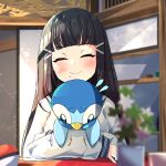  1girl absurdres bangs black_hair blunt_bangs blush blush_stickers closed_eyes commission crossed_arms hair_ornament hairclip highres holding holding_pokemon indoors kurosawa_dia long_hair long_sleeves love_live! love_live!_sunshine!! mole mole_under_mouth motion_lines piplup pixiv_request plant poke_ball pokemon pokemon_(creature) potted_plant school_uniform serafuku shelf smile solo struggling sweatdrop woruta_(soloistlist) 