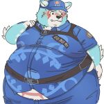  2022 anthro belly big_belly black_nose blue_body blush canid canine canis clothing hi_res jamiephut kemono lifewonders male mammal obese obese_male oguchi_magami_(tas) overweight overweight_male shirt simple_background solo tokyo_afterschool_summoners topwear video_games white_body wolf 