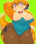  anthro berseepon09 big_breasts blush bodily_fluids bow_tie breasts canid canine canis clothing cuff_links dog_girl_(berseepon09) domestic_dog eyewear female glasses hair hand_behind_head hi_res huge_thighs leggings legwear leotard looking_at_viewer mammal multicolored_body multicolored_hair pupils purple_eyes solo sweat thick_thighs two_tone_body two_tone_hair white_pupils wide_hips 