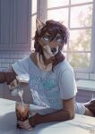  2022 5_fingers anthro blue_eyes breasts canid canine canis claws clothed clothing day detailed_background digital_media_(artwork) eyebrows eyelashes female fingers hi_res inside looking_at_viewer mammal red_wolf smile solo wildering wolf 