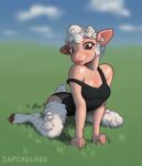  anthro bovid brown_eyes caprine clothed clothing cloven_hooves day female fur head_tuft hi_res hooves horizontal_pupils kneeling leotard looking_at_viewer mammal off_shoulder outside pinup pose pupils sapcascade sheep solo tuft unguligrade_anthro white_body white_fur wool_(fur) 