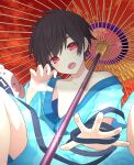  1boy absurdres akame_(akame_ga_kill!) black_hair black_ribbon blue_kimono dog highres japanese_clothes kimono looking_at_viewer male_focus oil-paper_umbrella open_mouth original red_eyes ribbon short_hair solo summer tatsu_wan umbrella 