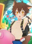  1boy absurdres animal_ears backpack bag blush brown_hair character_request highres male_focus marill open_mouth original poke_ball pokemon pokemon_(game) short_hair solo tail tatsu_wan topless_male wolf_boy wolf_ears wolf_tail yellow_eyes 