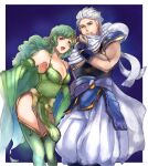  1boy 1girl bare_shoulders breasts cleavage closed_mouth dated detached_sleeves earrings edward_geraldine final_fantasy final_fantasy_iv green_hair green_leotard hair_ornament highres jewelry leotard long_hair looking_at_viewer odendazo older open_mouth rydia_(ff4) smile thighhighs 