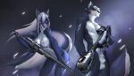  2022 5_fingers areola balls blue_eyes breasts canid canine canis digital_media_(artwork) domestic_dog duo eyebrows eyelashes female fingers genitals gun hair holding_gun holding_object holding_weapon mammal nipples ranged_weapon shermugi smile standing weapon white_hair 