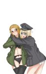  2girls absurdres bangs black_bra black_garter_belt black_jacket black_thighhighs blonde_hair blue_eyes blush bra closed_mouth commentary english_commentary frown german_army green_jacket grey_headwear grey_jacket hat heart highres hug jacket lingerie long_hair long_sleeves military_hat military_jacket multiple_girls navel no_pants open_clothes open_jacket open_mouth original panties peaked_cap short_hair simple_background spoken_heart sweatdrop thigh_gap thighhighs underwear white_background white_panties world_war_ii yellow_chease yuri 