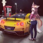  1girl absurdres animal_ears annytf bangs blue_pants brown_hair car commentary denim english_commentary fox_ears fox_girl fox_tail from_behind gas_pump gas_pump_nozzle gas_station ground_vehicle hair_ornament highres holding indie_virtual_youtuber jeans lamppost lit_for_20 long_hair looking_at_viewer looking_back motor_vehicle night night_sky nissan nissan_gt-r outdoors pants photo_background sky solo sports_car standing star_(symbol) star_hair_ornament tail virtual_youtuber yellow_eyes 