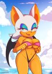  2022 absurd_res anthro chiropteran clothing cloud digital_media_(artwork) eyelashes eyeshadow female fingers hi_res looking_at_viewer makeup mammal navel open_mouth outside rouge_the_bat sega solo sonic_the_hedgehog_(series) tenshigarden wings 
