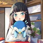  1girl absurdres bangs black_hair blunt_bangs blush blush_stickers chestnut_mouth commission crossed_arms green_eyes hair_ornament hairclip highres holding holding_pokemon indoors kurosawa_dia long_hair long_sleeves looking_down love_live! love_live!_sunshine!! mole mole_under_mouth motion_lines open_mouth piplup pixiv_request plant poke_ball pokemon pokemon_(creature) potted_plant school_uniform serafuku shelf solo struggling sweatdrop woruta_(soloistlist) 