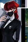  1girl 2022 absurdres akanui arm_behind_back bangs black_jacket black_mask blazer buttons cellphone commentary_request covered_mouth hair_ribbon highres holding holding_phone jacket long_hair looking_away looking_to_the_side mask mixed-language_commentary mouth_mask persona persona_5 persona_5_the_royal phone ponytail red_eyes red_hair red_ribbon ribbed_sweater ribbon school_uniform shuujin_academy_uniform signature solo sweater turtleneck turtleneck_sweater uniform upper_body white_sweater yoshizawa_kasumi 