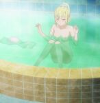  1girl aiz_wallenstein bath bathing bathroom blonde_hair blush breasts closed_eyes dimples_of_venus dungeon_ni_deai_wo_motomeru_no_wa_machigatteiru_darou_ka highres long_hair navel nipples non-web_source ponytail sitting towel 