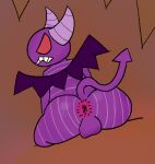  angry anthro anus balls butt demon freshknight genitals horn imp male purple_body rear_view red_eyes solo stripes wings 