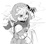  1boy cloud fingerless_gloves gloves goggles grandia grandia_i greyscale hand_on_headwear hat highres justin_(grandia) looking_at_viewer monochrome ocean open_mouth scarf smile solo sword teeth upper_teeth weapon weapon_on_back 