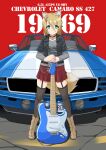  1girl arai_kogane bangs black_jacket car chevrolet_camaro commentary full_body green_eyes ground_vehicle highres holding holding_instrument instrument jacket long_sleeves looking_at_viewer motor_vehicle muscle_car open_clothes open_jacket red_skirt skirt solo standing 