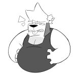  4_fingers alien anthro belly black_clothing black_nose black_shirt black_tank_top black_topwear canid canine canis clothing derek_(star_patrol) domestic_dog fingers greyscale hand_on_stomach hands_on_belly hi_res javigameboy male mammal monochrome narrowed_eyes overweight overweight_anthro overweight_male sharp_teeth shirt simple_background solo star star_patrol tank_top teeth tongue tongue_out topwear white_background 