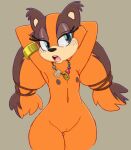  anthro badger big-e6 blue_eyes blush clothed clothing edit female flat_chested fur hands_behind_head hi_res jewelry mammal midriff mustelid musteline navel necklace open_mouth orange_body orange_fur sega simple_background skimpy solo sonic_boom sonic_the_hedgehog_(series) sticks_the_jungle_badger 