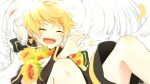  1boy angel angel_wings blonde_hair bouquet closed_eyes facing_viewer fangs flower headphones highres kagamine_len male_focus open_mouth shorts solo sunflower tatsu_wan vocaloid white_background wings yellow_flower yellow_theme 
