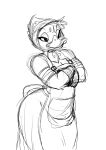  2021 anatid anseriform anthro apron avian bandaged_arm bird black_and_white breasts chochi cleavage clothed clothing crossed_arms duck female flat_chested headkerchief hi_res kerchief monochrome muscular muscular_female sketch solo wide_hips 