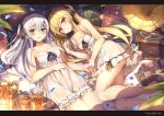  2girls bangs bare_arms bare_legs bare_shoulders black_ribbon blonde_hair blush breasts cleavage collarbone condensation cross-laced_clothes dress drink english_text feet_out_of_frame frilled_dress frills glass green_eyes hair_between_eyes hair_ornament hair_ribbon hairclip hand_on_own_stomach highres holding_hands iced_tea jug leaf letter long_hair lying mint multiple_girls on_back on_side original parted_lips petals phonograph purple_eyes ribbon ribbon_trim sidelocks small_breasts spaghetti_strap sparkle strap_slip sundress sunlight thighs twintails two_side_up white_dress white_hair x_hair_ornament yuuki_yuu 
