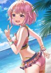  1girl :d ass bangs banned_artist bare_shoulders bikini blue_sky blush cloud commentary_request day frilled_bikini frills from_side hair_ornament hairclip hand_up highres horizon looking_at_viewer looking_to_the_side ocean ootori_emu open_mouth outdoors palm_tree pink_bikini pink_eyes pink_hair project_sekai revision short_hair sky smile solo swimsuit tree v water yuuka_nonoko 