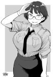  1girl arm_at_side breasts dated glasses greyscale hadashi_no_kenji highres large_breasts looking_at_viewer monochrome necktie original pencil_skirt pocket police police_uniform policewoman salute short_hair short_sleeves skirt smile solo standing uniform wrist_cuffs 